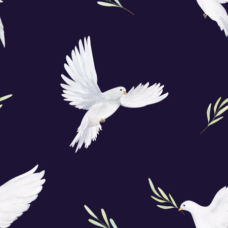 Watercolor white dove and olive branches seamless pattern. Hand drawn illustration for fabric, wrapping paper on dark blue backgroundの写真素材