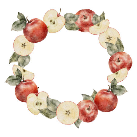 Watercolor Red Apples wreath. Hand drawn illustration isolated on white background. Frame Perfect for card, invitation, tags, printingの写真素材