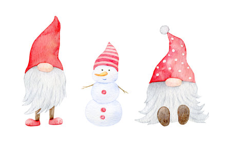 Adorable Christmas snowman and scandinavian elf, watercolor illustration on an isolated white backgroundの写真素材