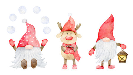 Adorable Christmas Gnome and deer, scandinavian elf with snowballs, watercolor illustration on an isolated white backgroundの写真素材