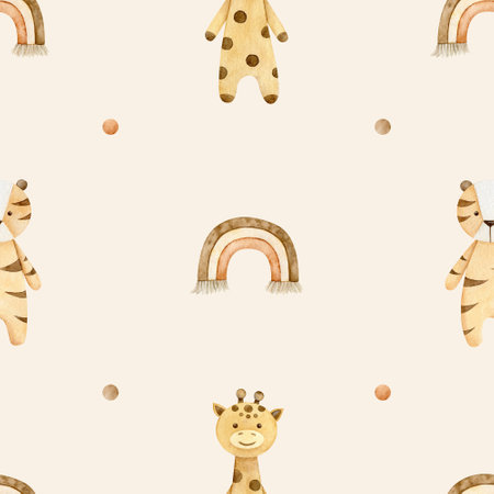 Watercolor eco toys seamless pattern. Hand drawn illustration with boho rainbow, tiger, giraffe for fabric, wrapping paper on beige backgroundの写真素材