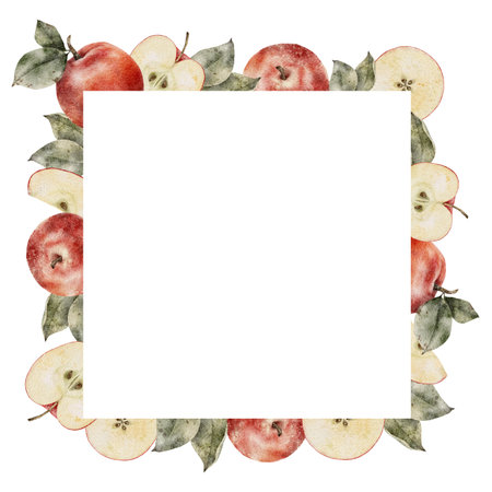 Watercolor Red Apples wreath. Hand drawn illustration isolated on white background. Frame Perfect for card, invitation, tags, printingの写真素材