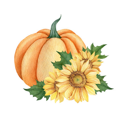Watercolor pumpkins with leaves and sunflower, Fall illustration isolated on the white backgroundの写真素材