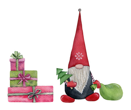 Christmas Gnome with pine tree, scandinavian elf with gift, watercolor illustration on an isolated white backgroundの写真素材