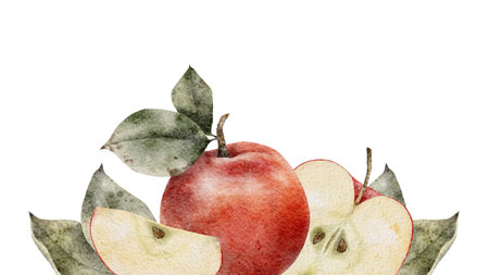 Watercolor Red Apples wreath. Hand drawn illustration isolated on white background. Frame Perfect for card, invitation, tags, printingの写真素材