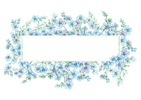 Watercolor Forget-Me-Nots wreath. Greenery floral frame. Hand drawn watercolor illustration. decorative design elements.の写真素材