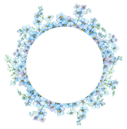 Watercolor Forget-Me-Nots wreath. Greenery floral frame. Hand drawn watercolor illustration. decorative design elements.の写真素材