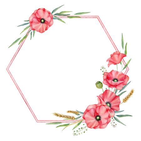 Watercolor red poppies and wheats. Meadow wreath. Hand drawn illustration isolated on white background. Wildflowers Frame Perfect for card, invitation, tags, printingの写真素材