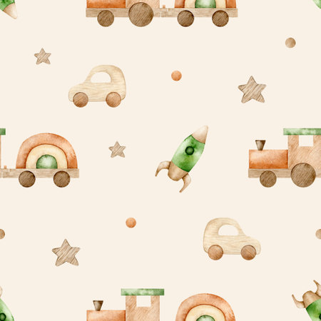 Watercolor eco toys seamless pattern. Hand drawn illustration with train, rocket, car and wooden star for fabric, wrapping paper on beige backgroundの写真素材