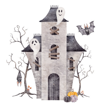 Watercolor Halloween Composition with pumpkins, castle house, bat, spider web and ghost. Perfect for invitations, print, stationery, scrapbooking, packaging, party decorations, Halloween cards.の写真素材