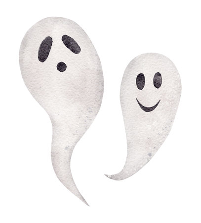 Watercolor funny ghosts. Boo. Halloween elements. Spooky Illustration isolated on the white background For card, invitation and moreの写真素材