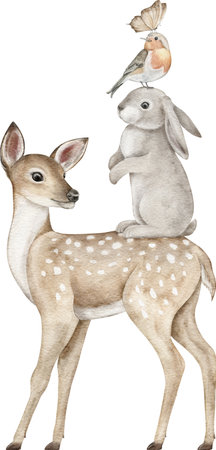 Watercolor woodland animals. Deer, rabbit, bird and butterfly for wall stickers, posters, invitation. Perfect for nursery, playroom, bedroomの写真素材