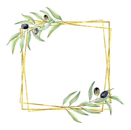 Watercolor greenery olive wreath, gold geometric frame, wedding invitation, logo designの写真素材