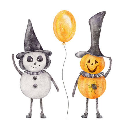 Set of cute Halloween characters. watercolor horror elements. Orange balloon.の写真素材