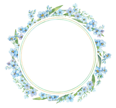 Watercolor Forget-Me-Nots wreath. Greenery floral frame. Hand drawn watercolor illustration. decorative design elements.の写真素材