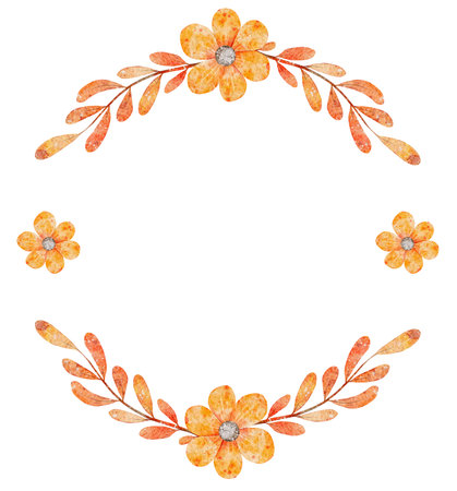 Watercolor floral wreath, Frame with orange flowers. Ornament perfect for card, invitation and more.の写真素材