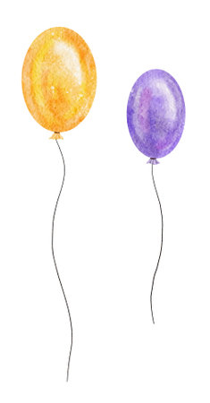 Watercolor purple and orange ballon, Happy Halloween, Bithdayの写真素材
