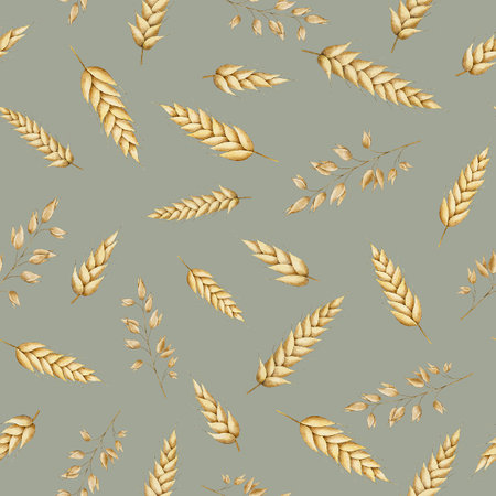 Watercolor seamless pattern with oats, ear of wheat. Bakery illustrationの写真素材