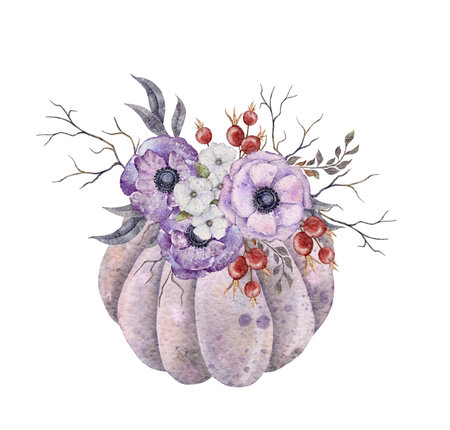 Watercolor Boho Anemone flowers, leaves, branches in pumpkin Halloween design. Witch Illustration isolated on the white background For card, invitation and moreの写真素材