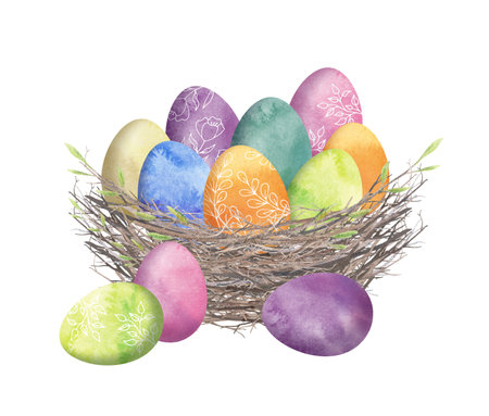 Colorful Easter Eggs in nest. Spring watercolor illustration. Floral Colored Easter eggs.の写真素材