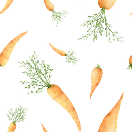 Watercolor carrot seamless pattern. Fresh vegetable for fabric, design, card, print or background.の写真素材