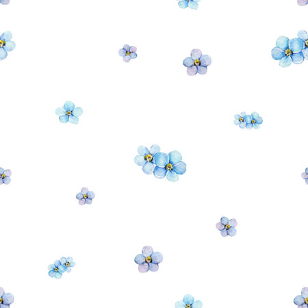 Watercolor seamless pattern of blue forget-me-nots. Hand painted illustration with summer flowers isolated on white backgroundの写真素材