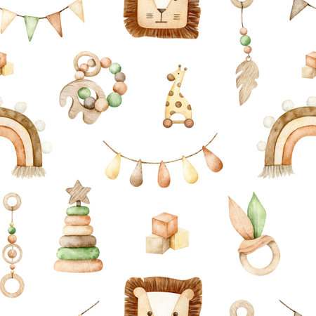 Watercolor eco toys seamless pattern. Hand drawn illustration with boho rainbow, lion, giraffe for fabric, wrapping paperの写真素材