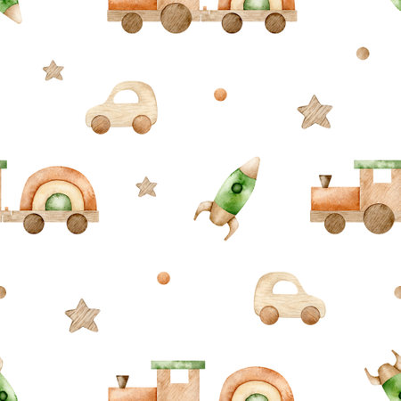 Watercolor eco toys seamless pattern. Hand drawn illustration with train, rocket, car and wooden star for fabric, wrapping paperの写真素材
