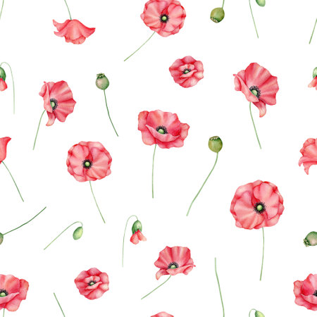 Floral seamless pattern. Watercolor red poppies, bee, wheat ornament. Hand drawn summer illustration for fabric, wrapping paperの写真素材