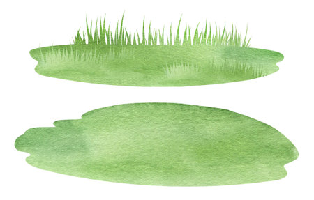 Watercolor Landscape element, meadow, green grass field, forest edgeの写真素材