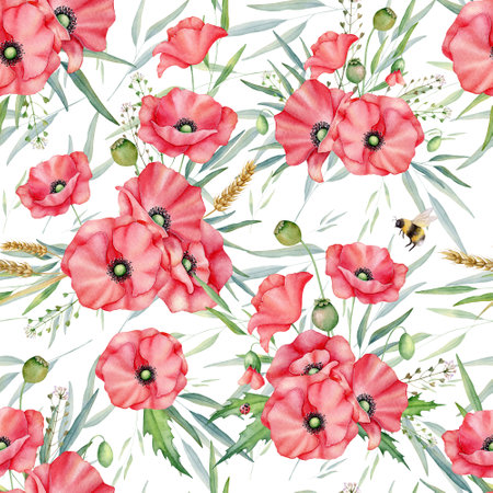 Floral seamless pattern. Watercolor red poppies, bee, wheat ornament. Hand drawn summer illustration for fabric, wrapping paperの写真素材