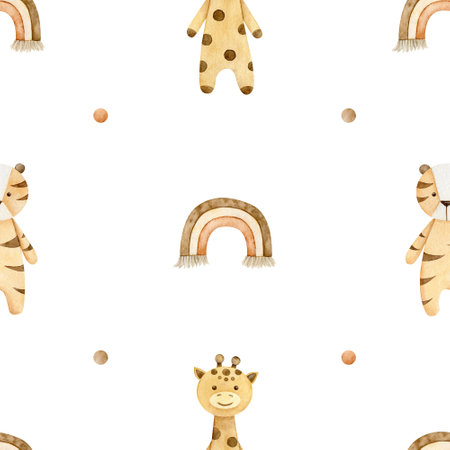 Watercolor eco toys seamless pattern. Hand drawn illustration with boho rainbow, tiger, giraffe for fabric, wrapping paperの写真素材