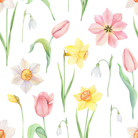 Floral seamless pattern. Watercolor pink tulip, yellow and white daffodles ornament. Hand drawn spring illustration for fabric, wrapping paperの写真素材