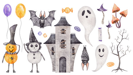 Watercolor Halloween Composition with pumpkins, castle house, bat, spider web and ghost. Perfect for invitations, print, stationery, scrapbooking, packaging, party decorations, Halloween cards.の写真素材