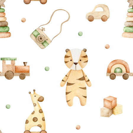 Watercolor eco toys seamless pattern. Hand drawn illustration with train, tiger, giraffe for fabric, wrapping paperの写真素材