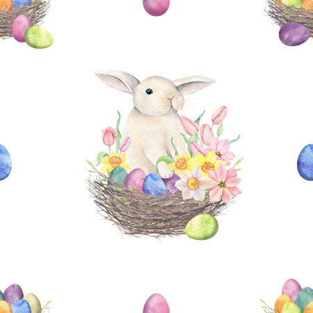 Easter Cute Bunny seamless pattern. Hand drawn watercolor animals illustration for fabric, Rabbits wrapping paperの写真素材