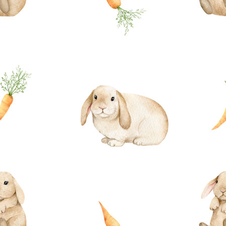 Cute Bunny with carrot seamless pattern. Hand drawn watercolor animals illustration for fabric, Rabbits wrapping paper on white backgroundの写真素材