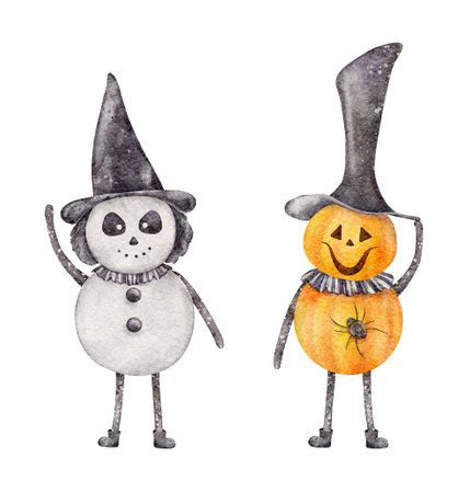 Set of cute Halloween characters. Watercolor horror elements. Spooky Illustration isolated on the white background For card, invitation and moreの写真素材