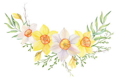 Watercolor wreath of yellow and white daffodils. Hand painted frame illustration with spring flowers isolated on white backgroundの写真素材