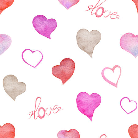 Watercolor seamless pattern with heart, love. Valentaines Dayの写真素材