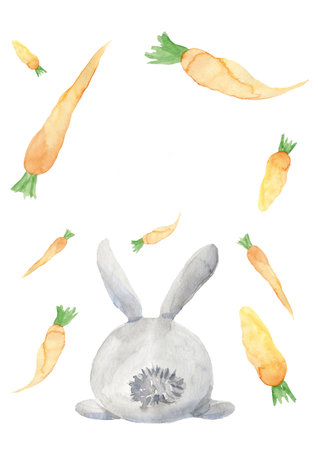 Cute Bunny with carrot. Easter template. Hand drawn watercolor animals illustrationの写真素材