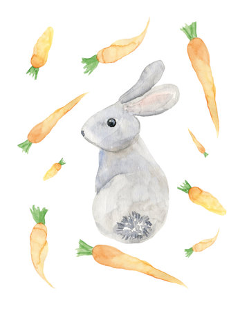 Cute Bunny with carrot. Easter template. Hand drawn watercolor animals illustrationの写真素材