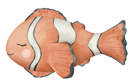 Watercolor ocean animal, underwater illustration, cute baby clown fishの写真素材