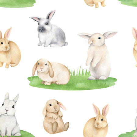 Cute Bunny on glade seamless pattern. Hand drawn watercolor animals illustration for fabric, Rabbits wrapping paperの写真素材