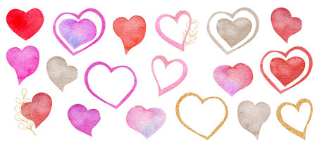 Watercolor pink, red, brown, gold heart, with love. Valentine Dayの写真素材