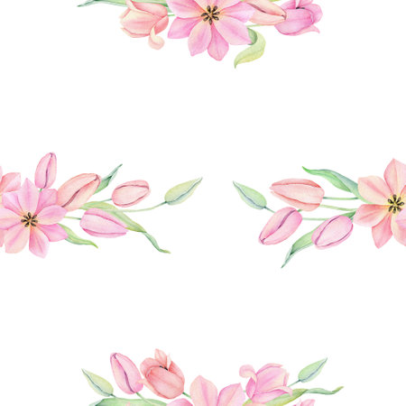 Watercolor tulips seamless pattern. International womens day. For design, card, print or backgroundの写真素材