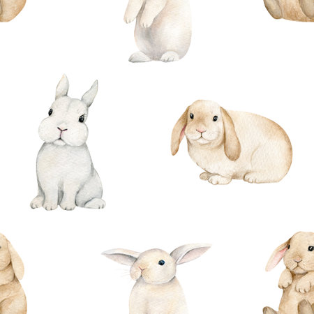 Cute Bunny seamless pattern. Hand drawn watercolor animals illustration for fabric, Rabbits wrapping paper on white backgroundの写真素材