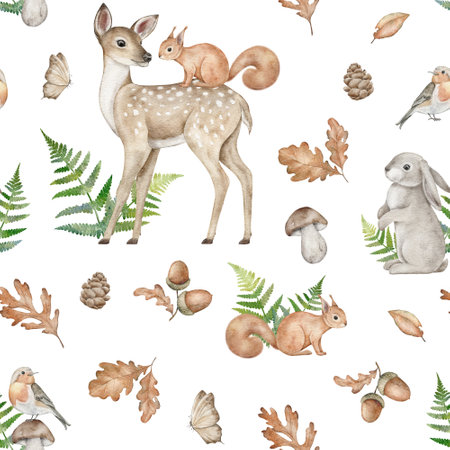 Watercolor forest seamless pattern with deer, rabbit, squirrel, butterfly, fern, pine cone, leaves, boletus and acornの写真素材