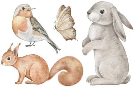 Watercolor woodland animals. Robin Bird, rabbit, butterfly, squirrel for wall stickers, posters, invitation and greeting cards. Hand-drawing design element.の写真素材