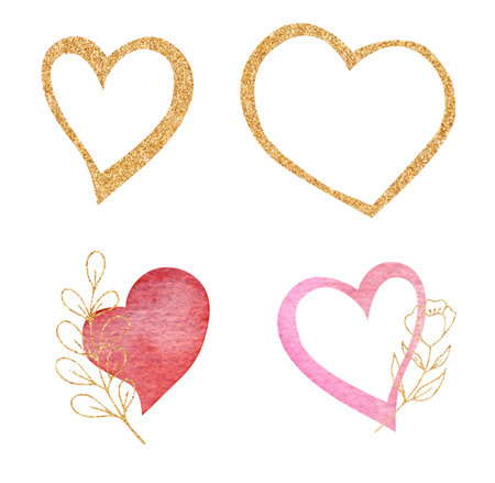 Watercolor pink, red, gold heart and flower line, with love. Valentine Dayの写真素材